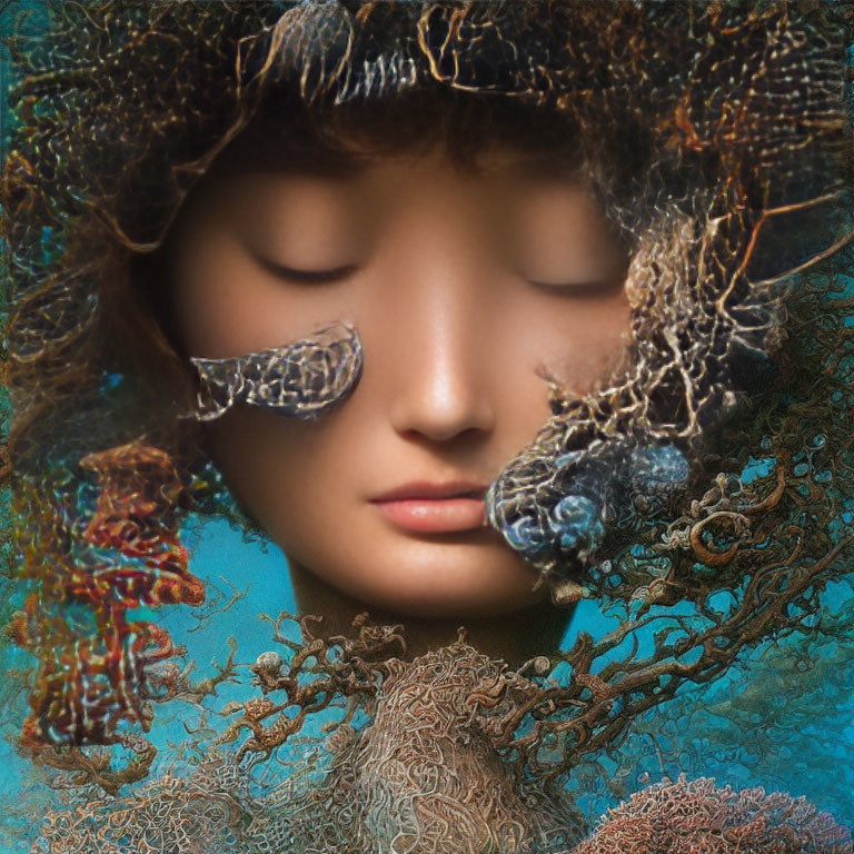 Closed-eyed face with organic coral-like hat in brown and blue hues