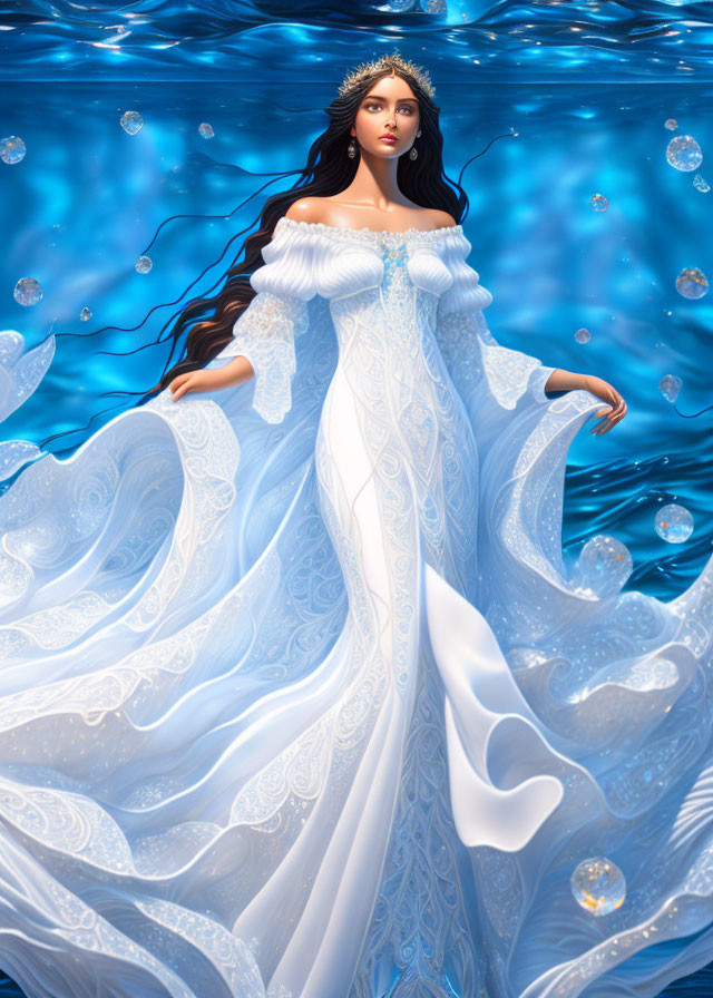 Illustrated woman with long dark hair in flowing white dress submerged in water surrounded by light and bubbles