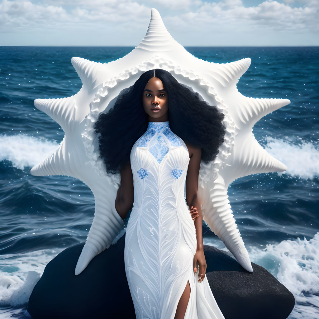 Woman in white dress on rock by sea with starfish-shaped structure and cloudy sky