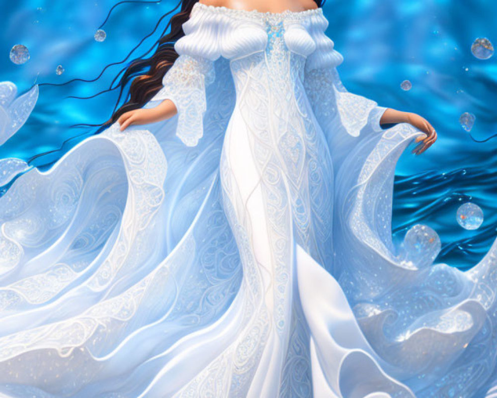 Illustrated woman with long dark hair in flowing white dress submerged in water surrounded by light and bubbles