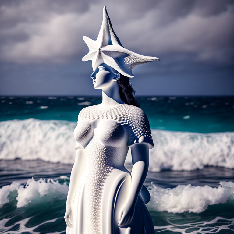 Surreal image: woman with starfish hat, textured gown, gazing at sea under dramatic