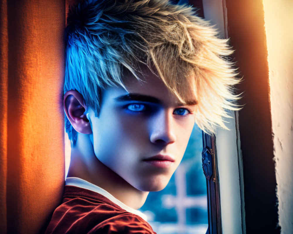 Person with blue eyes and spiky blond hair peeking from behind curtain in warm light