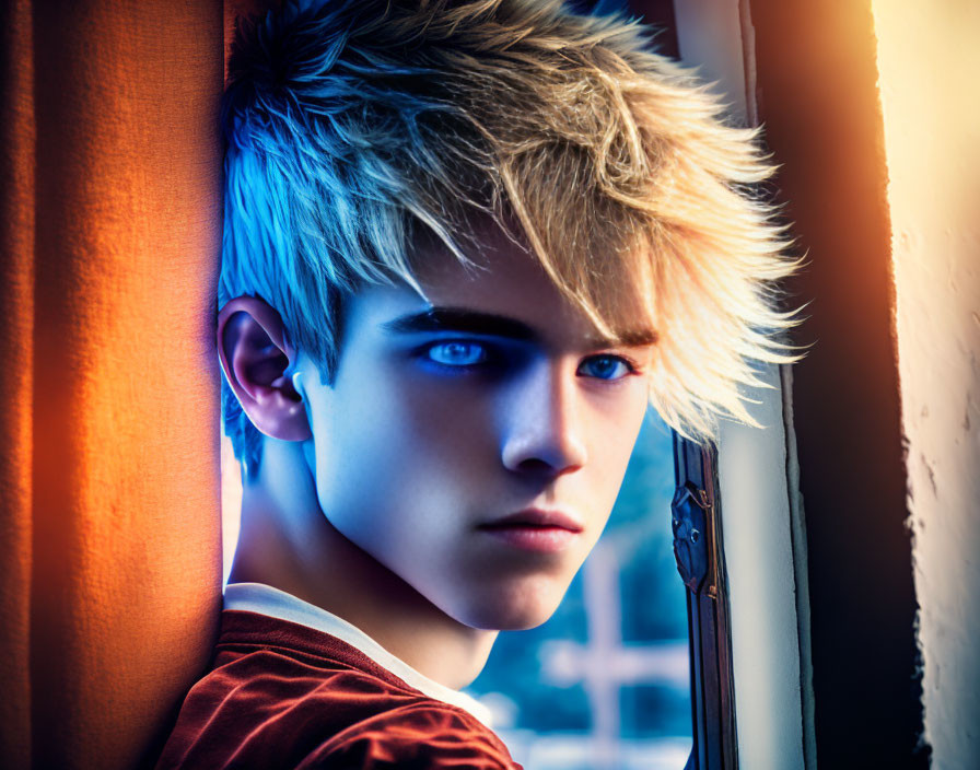 Person with blue eyes and spiky blond hair peeking from behind curtain in warm light