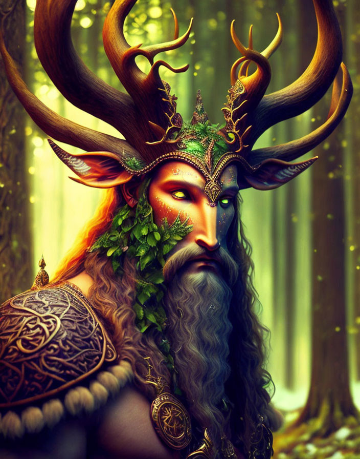 Mythical forest deity with elaborate antlers and leafy beard in green forest