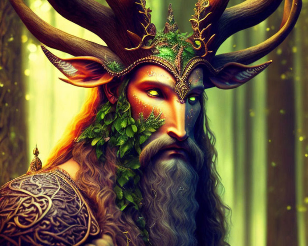 Mythical forest deity with elaborate antlers and leafy beard in green forest