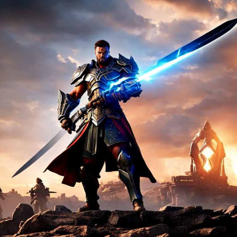 Futuristic knight in ornate armor with glowing blue sword