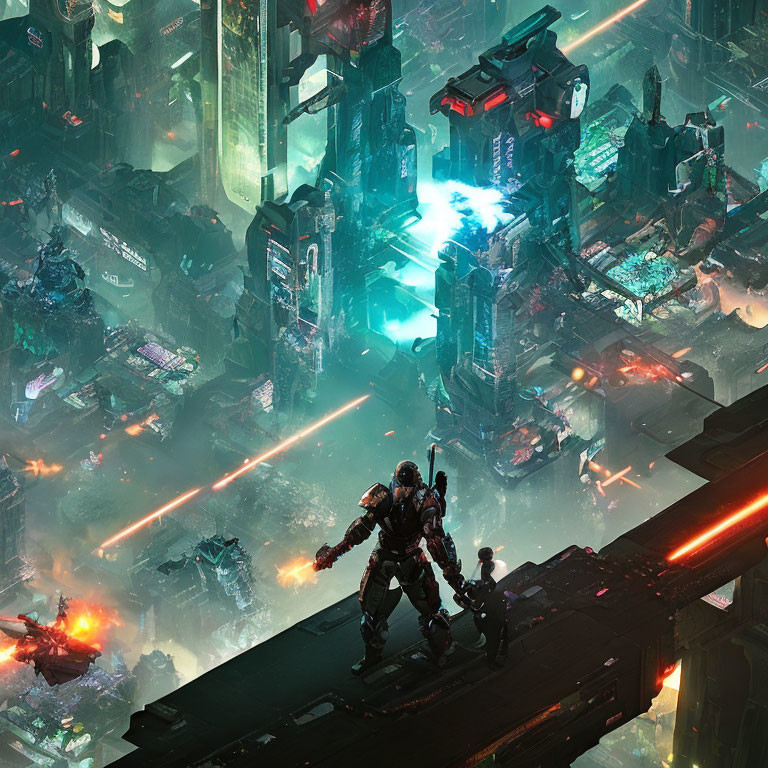 Nighttime futuristic cityscape with skyscrapers, neon lights, flying vehicles, and armed figures.