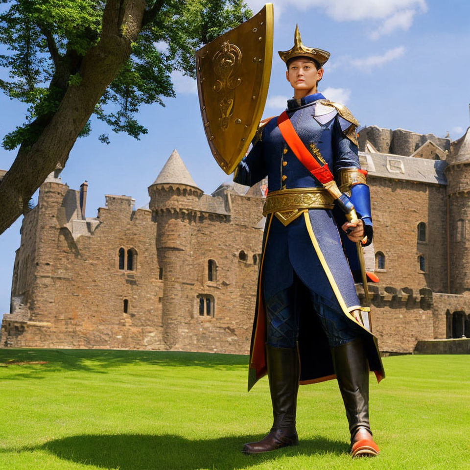 Royal guard in costume with sword and shield at castle.