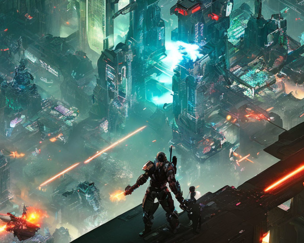 Nighttime futuristic cityscape with skyscrapers, neon lights, flying vehicles, and armed figures.