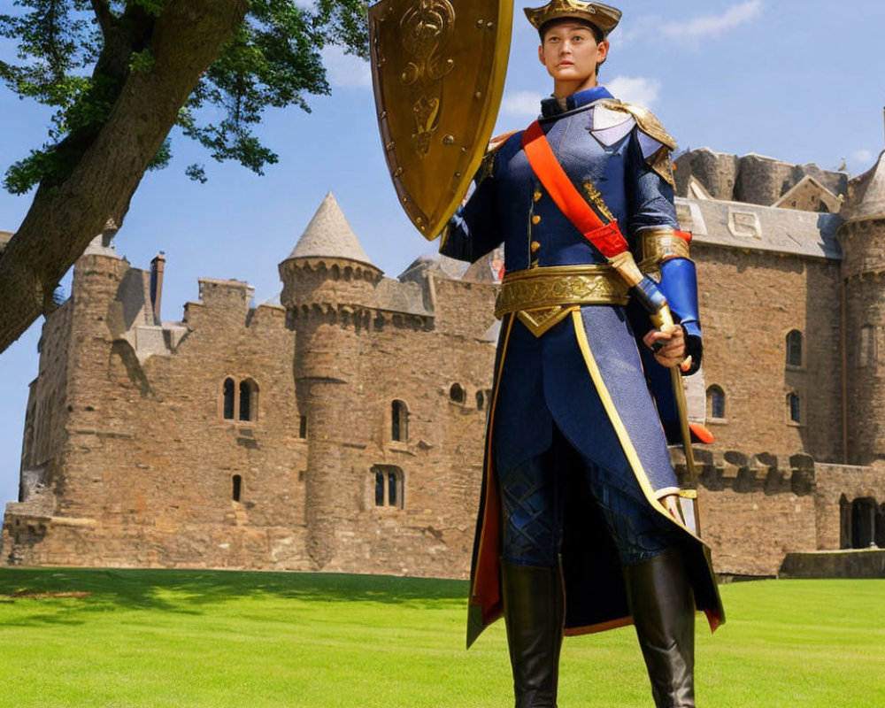 Royal guard in costume with sword and shield at castle.