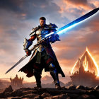 Futuristic knight in ornate armor with glowing blue sword