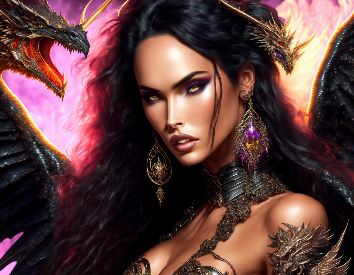 Digital art of woman with striking makeup and gold jewelry next to black dragon in fiery setting