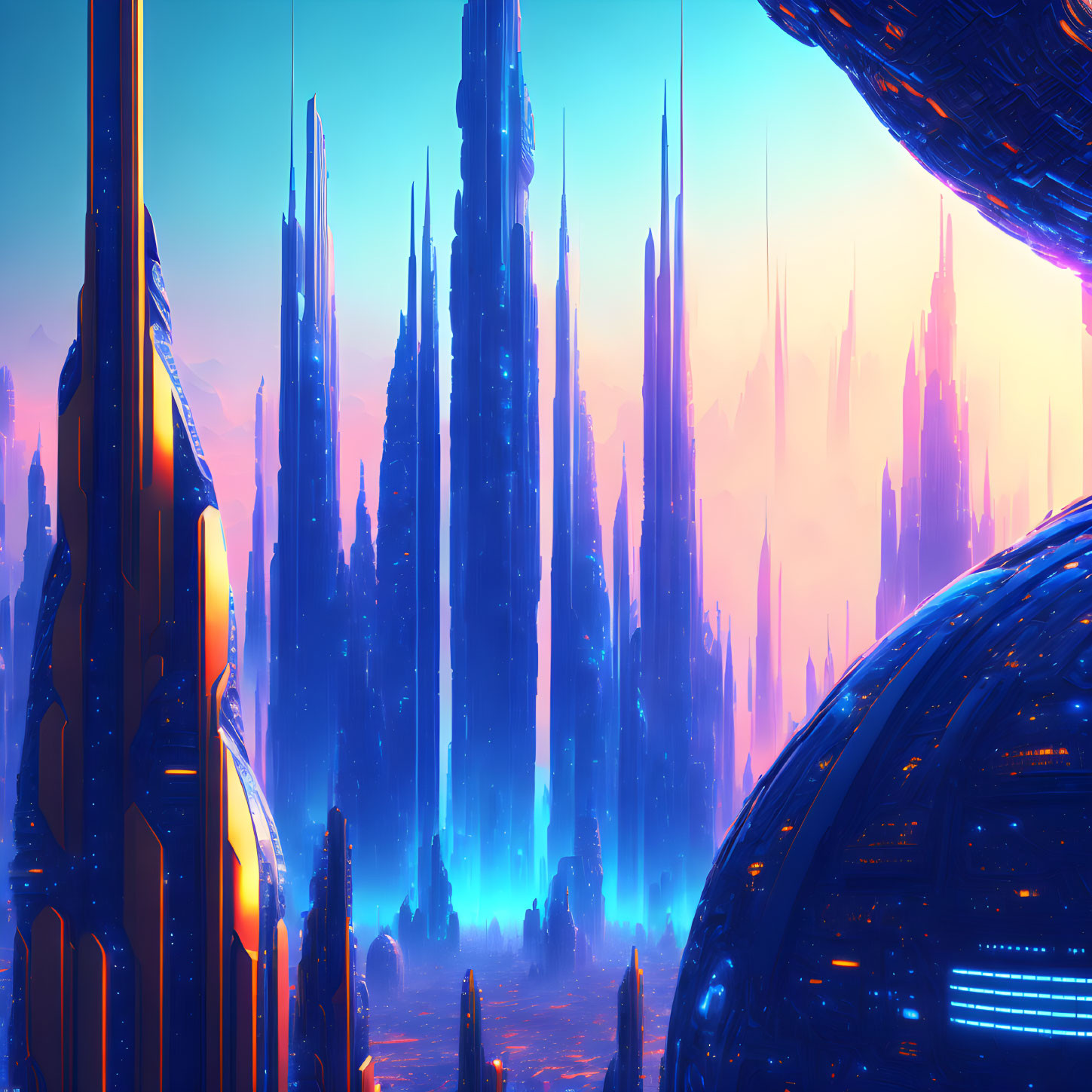 Blue skyscrapers and neon lights in futuristic cityscape at twilight