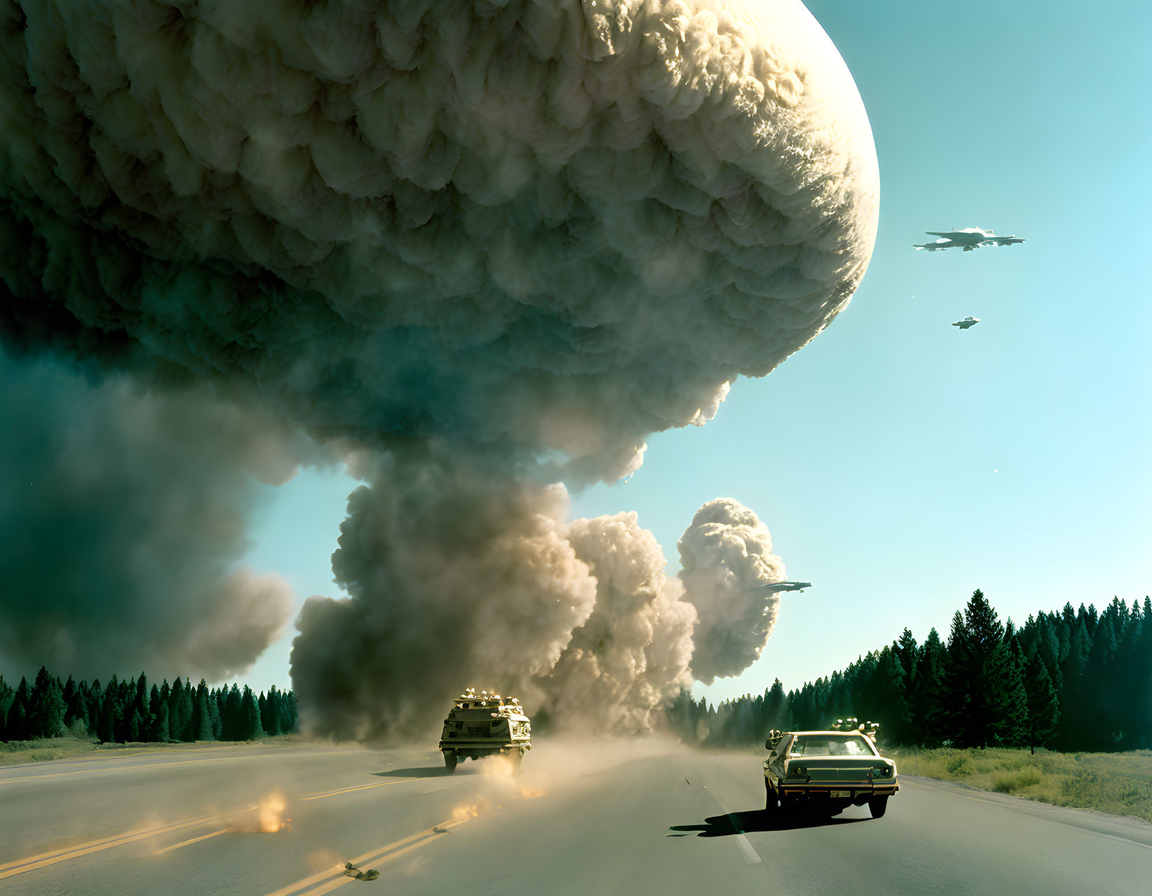 Military vehicles and aircraft in motion under a large mushroom cloud above forested terrain.