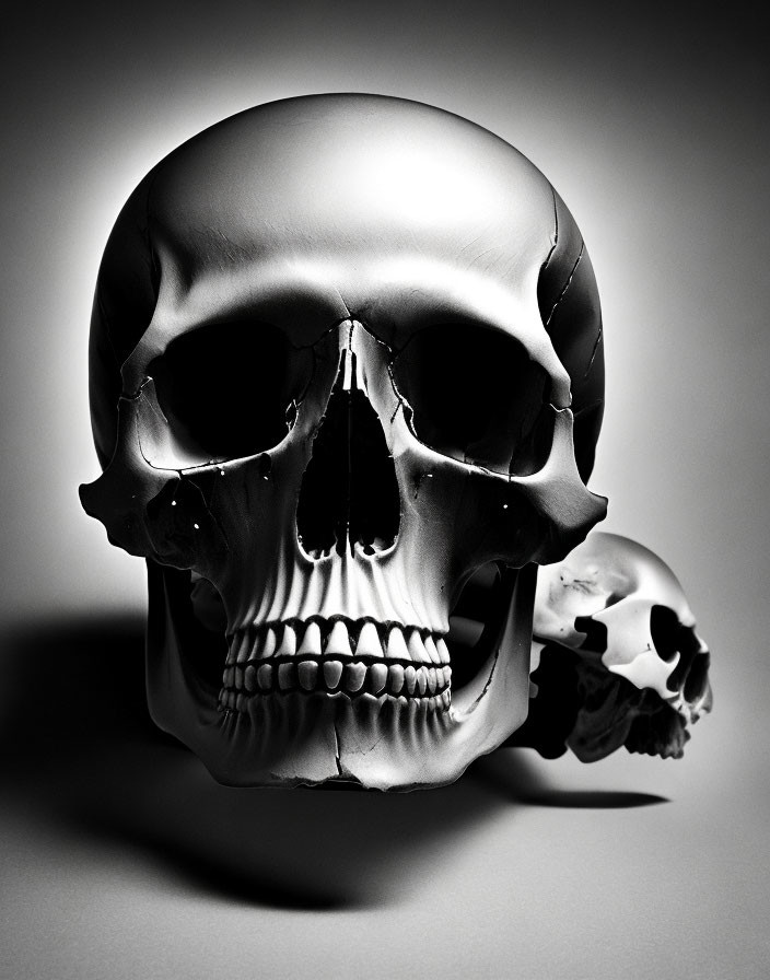 Two glossy black skulls on shadowy backdrop - macabre art vibe