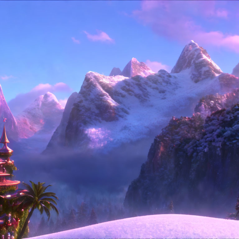 Snowy Landscape with Majestic Mountains and Purple Sky Scene