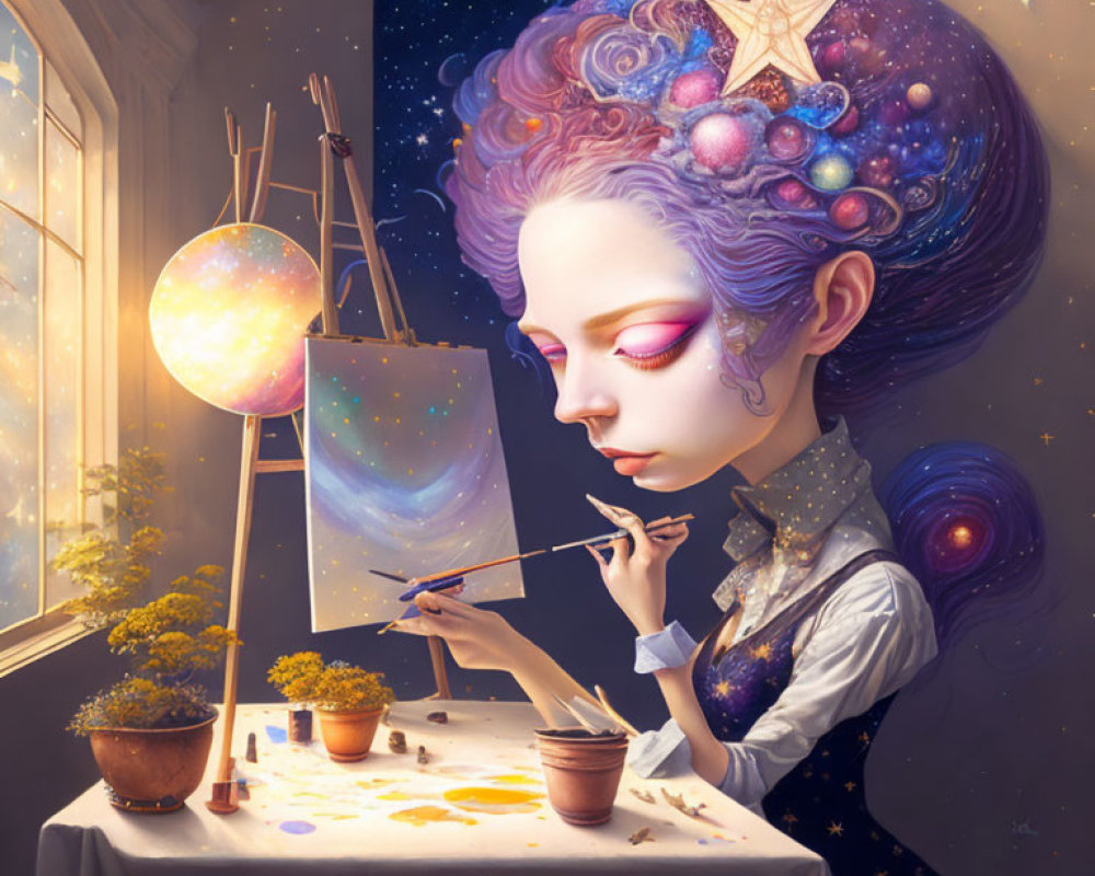 Female artist painting galaxy on canvas with cosmic-themed hair in starry night room