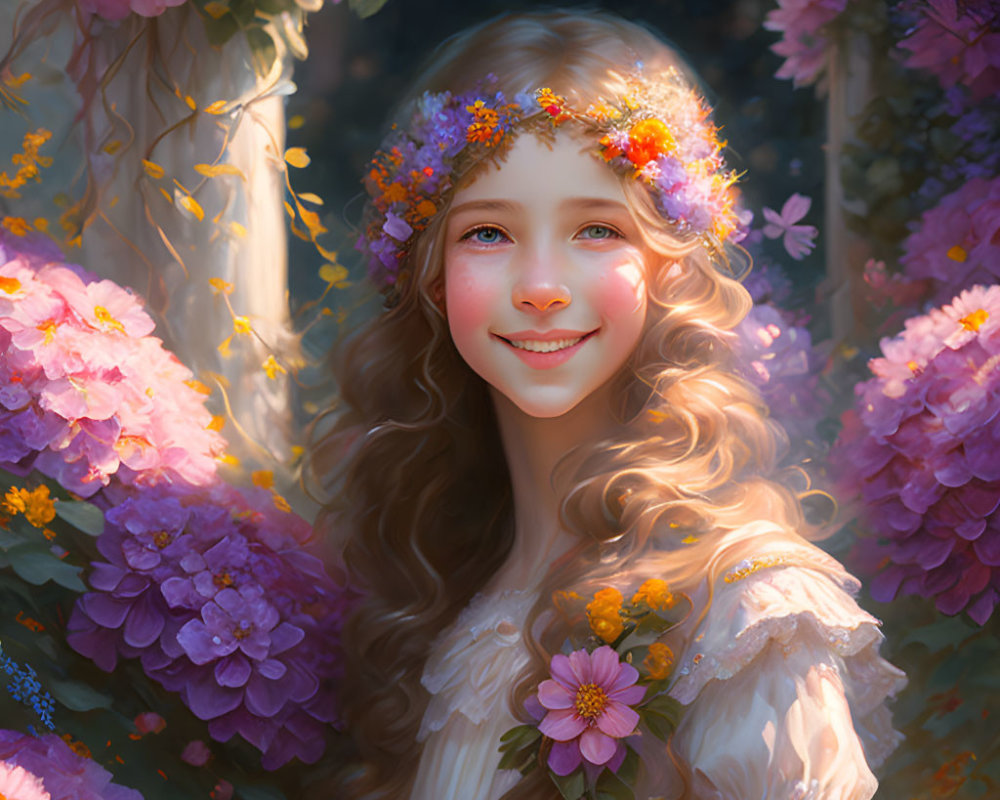 Smiling girl with flower crown in blossoming garden with sunlight.