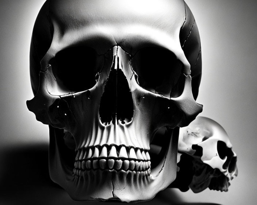 Two glossy black skulls on shadowy backdrop - macabre art vibe