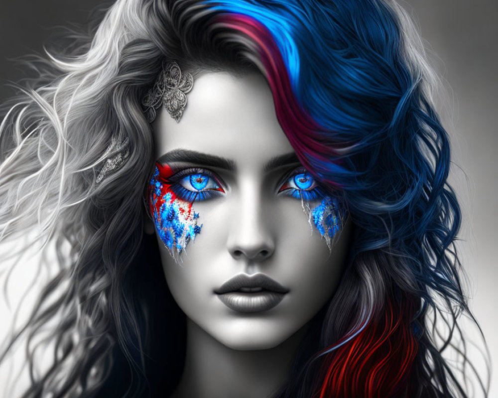 Monochrome portrait of woman with blue and red streaked hair and glittering tear-like face paint