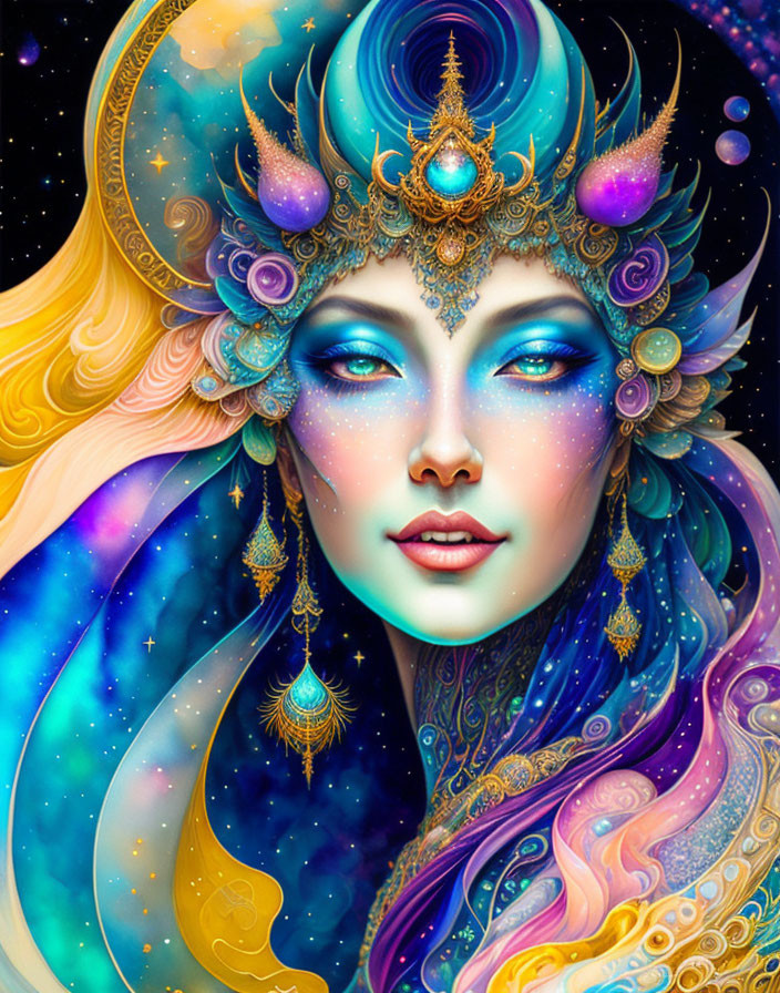 Fantastical female figure with blue skin and galaxy-themed hair