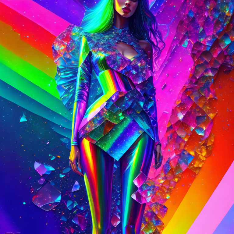 Colorful digital artwork: Woman in futuristic iridescent outfit