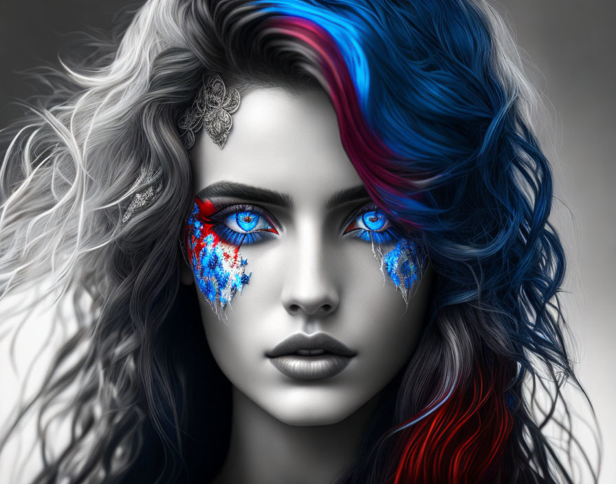 Monochrome portrait of woman with blue and red streaked hair and glittering tear-like face paint