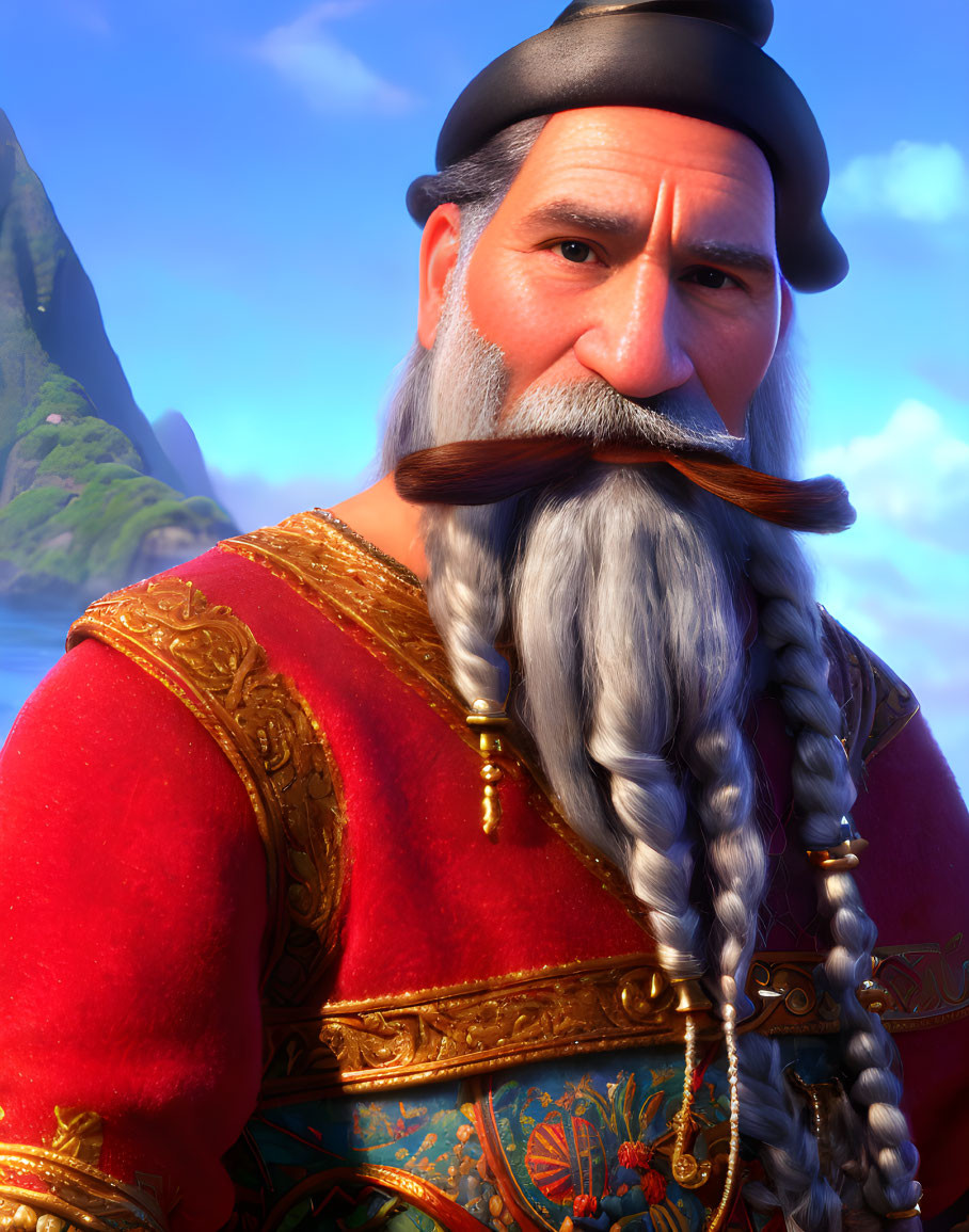 Detailed close-up of animated male character with long braided beard and ornate attire against coastal backdrop