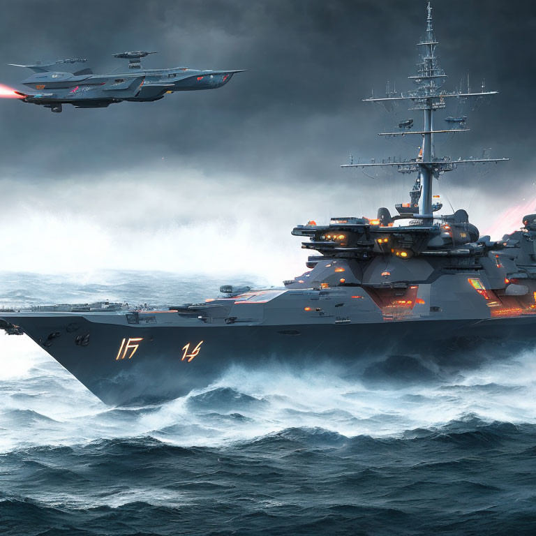 Futuristic battleship with advanced weaponry on stormy seas