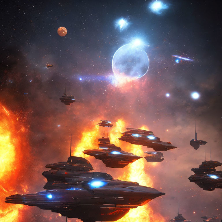 Futuristic spacecraft fleet in cosmic scene with stars, planets, and nebula.