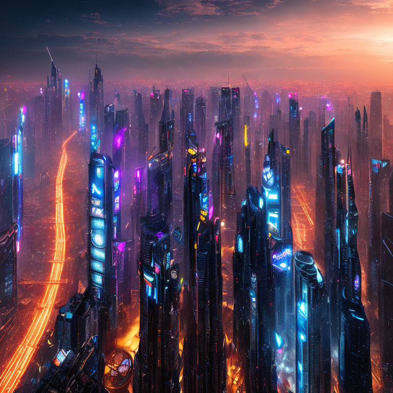 Futuristic cityscape at dusk with neon lights and skyscrapers