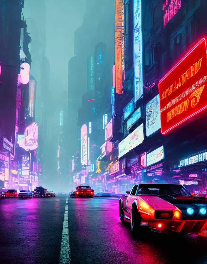 Futuristic neon-lit city street at night with red sports car