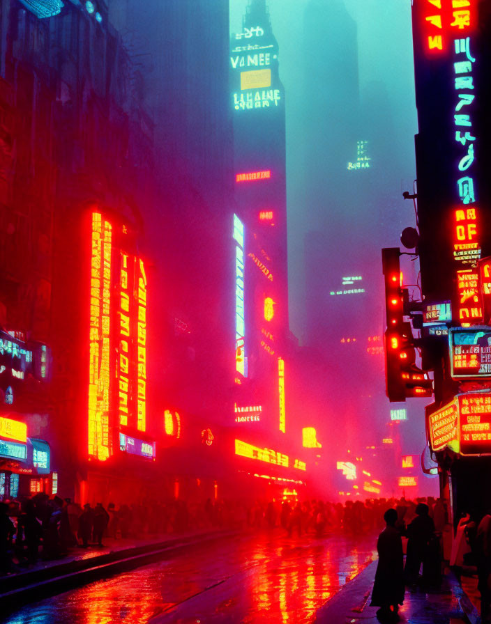 City street at night: neon lights, rain, pedestrians, glowing billboards.