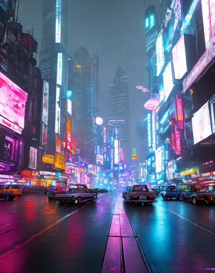 Futuristic cyberpunk cityscape with neon lights and misty skyscrapers