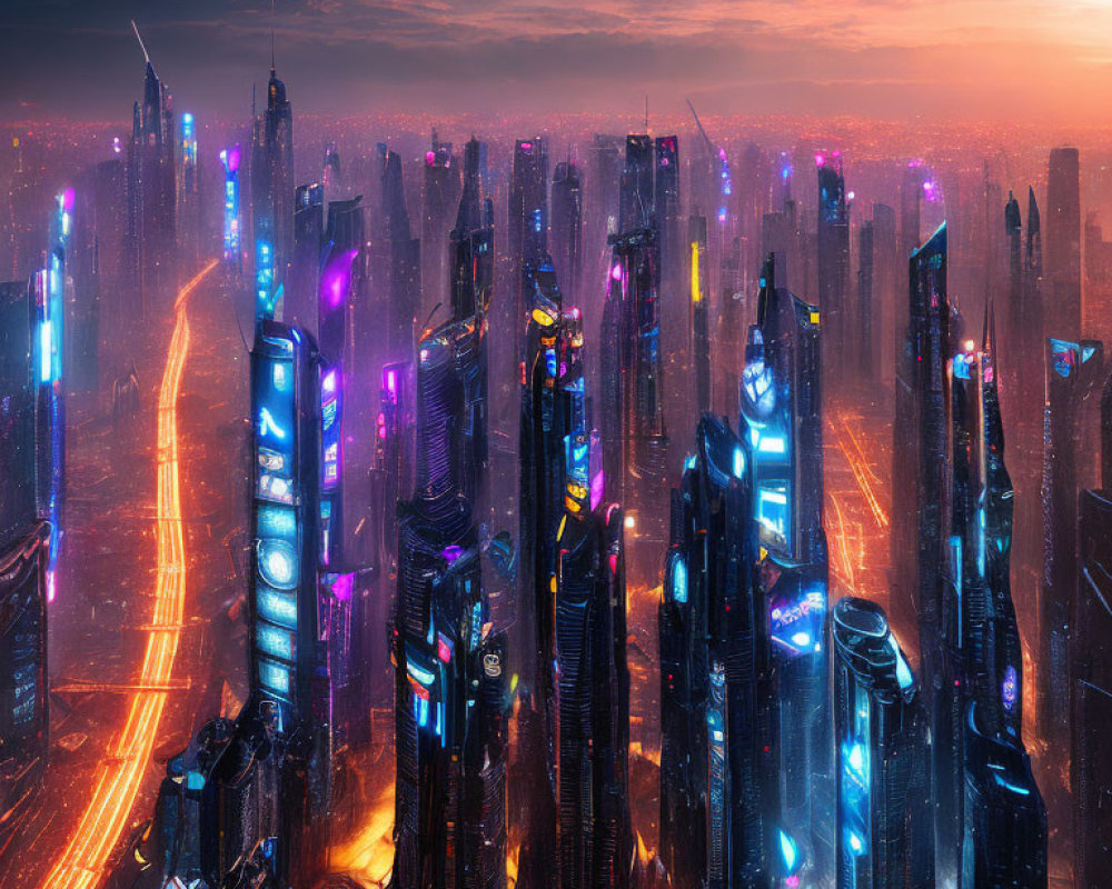 Futuristic cityscape at dusk with neon lights and skyscrapers