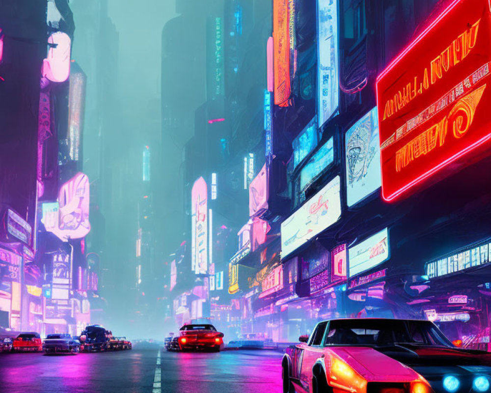 Futuristic neon-lit city street at night with red sports car