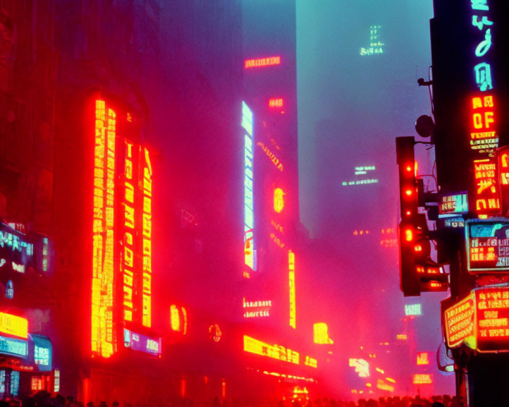 City street at night: neon lights, rain, pedestrians, glowing billboards.