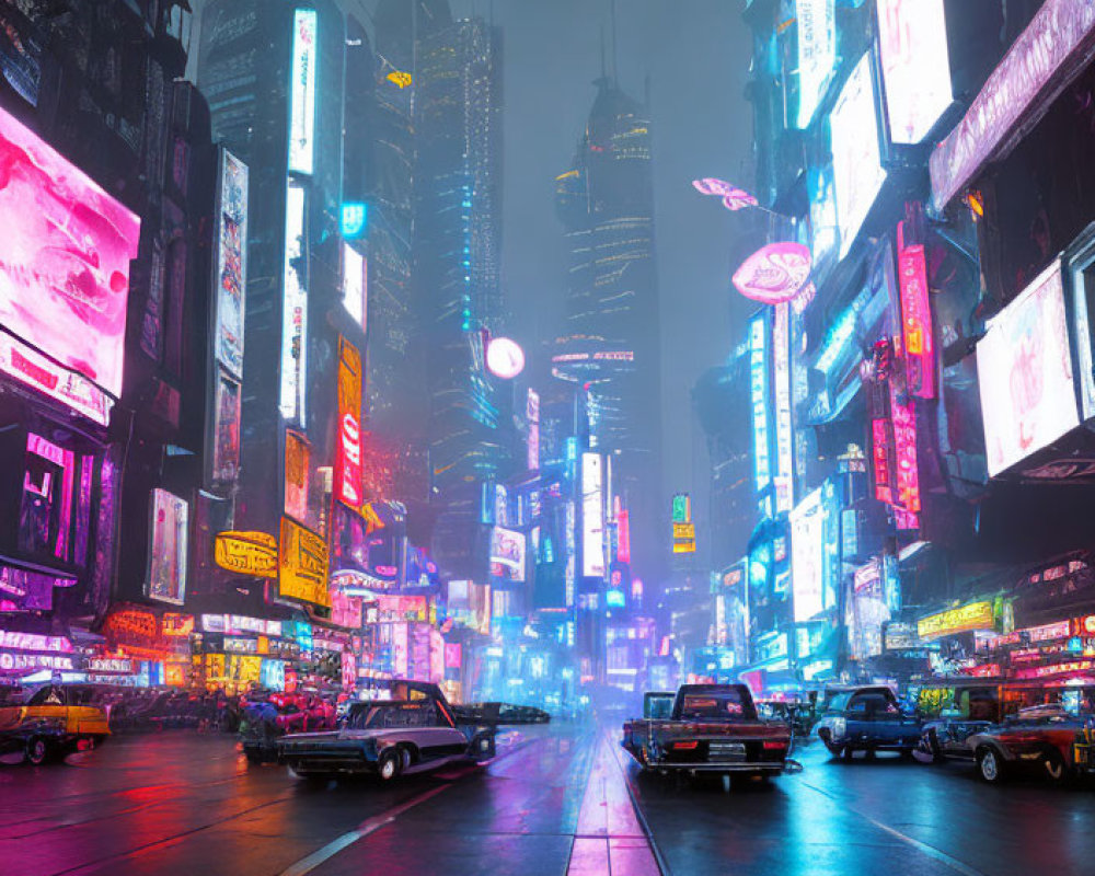 Futuristic cyberpunk cityscape with neon lights and misty skyscrapers