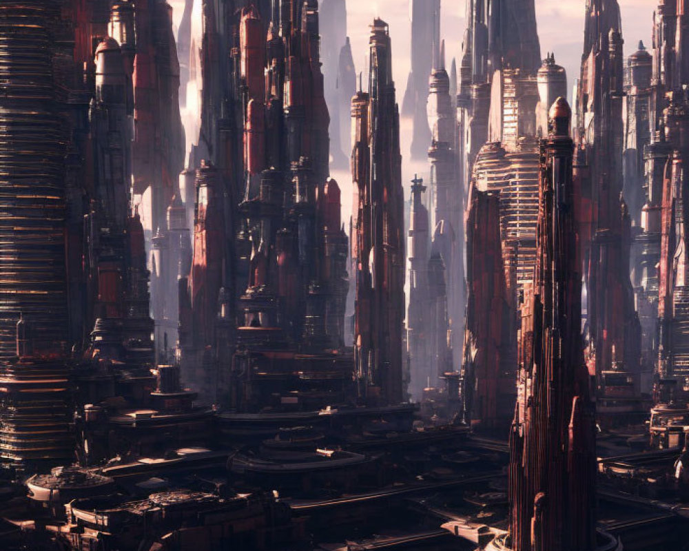 Futuristic cityscape with towering skyscrapers and reddish sky