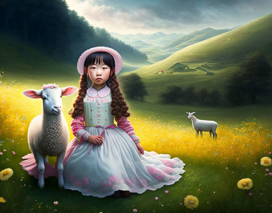 Young girl in vintage pink dress with lamb on lush meadow with yellow flowers