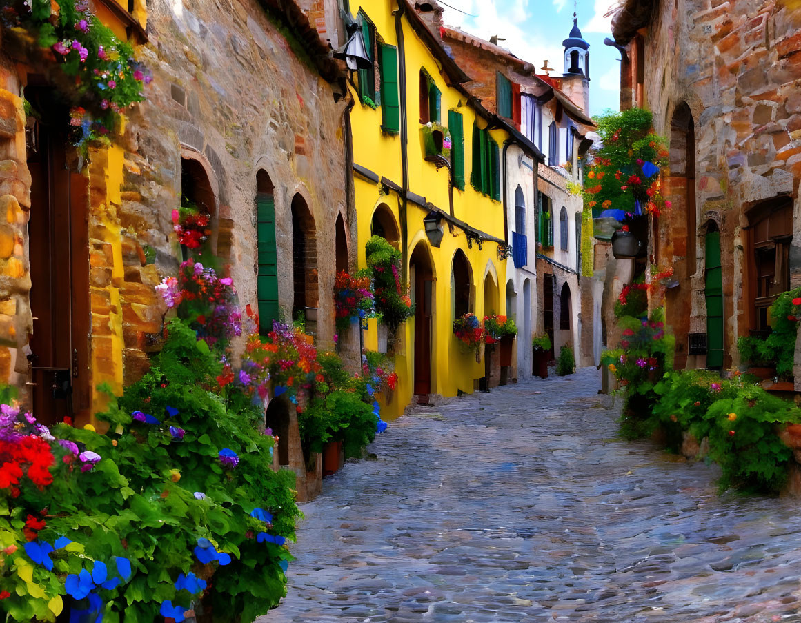 Colorful Houses on Cobblestone Street with Flowers and Blue Sky