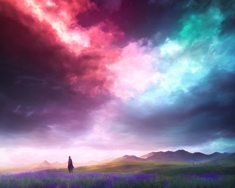 Figure in Vibrant Field at Twilight with Multicolored Sky