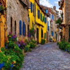 Colorful Houses on Cobblestone Street with Flowers and Blue Sky