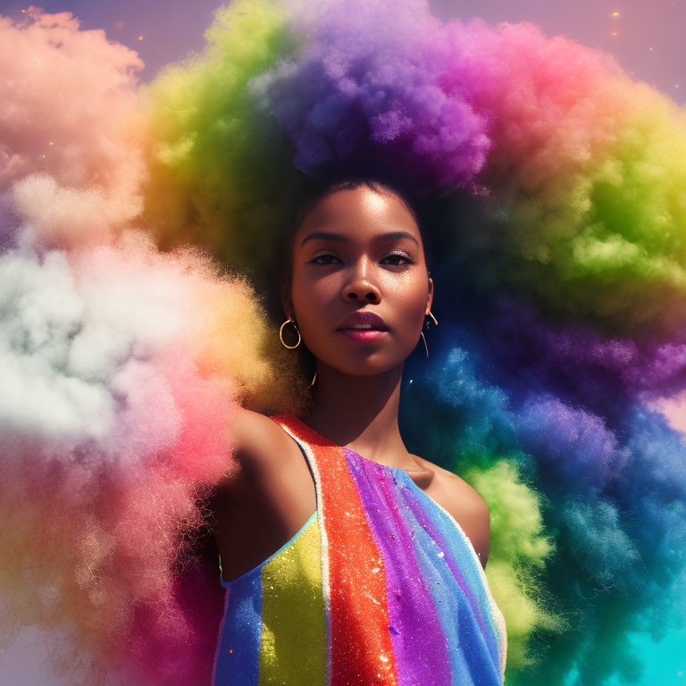 Colorful Woman with Rainbow Cloud Hair and Glittering Dress on Celestial Background