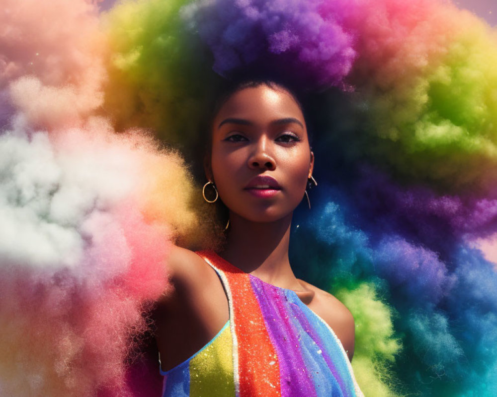 Colorful Woman with Rainbow Cloud Hair and Glittering Dress on Celestial Background