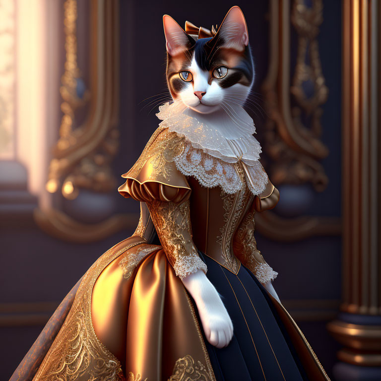 Cat in elegant vintage gown with lace details on ornate background