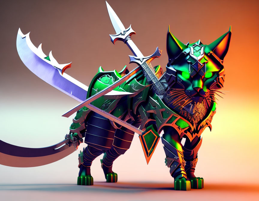 Anthropomorphic armored cat wielding two large swords in 3D illustration