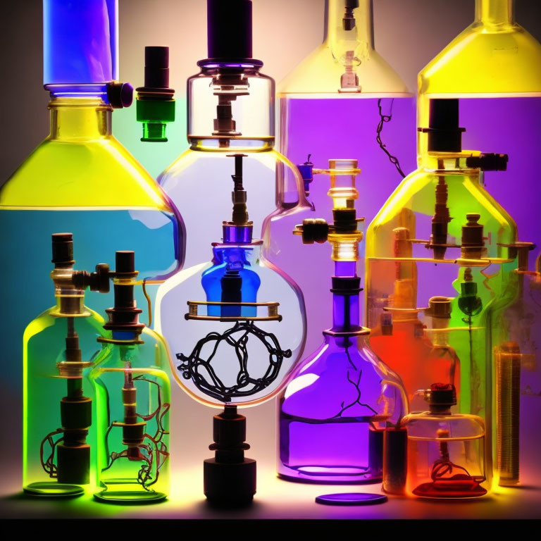 Vibrant laboratory flasks with bright liquids in rainbow colors