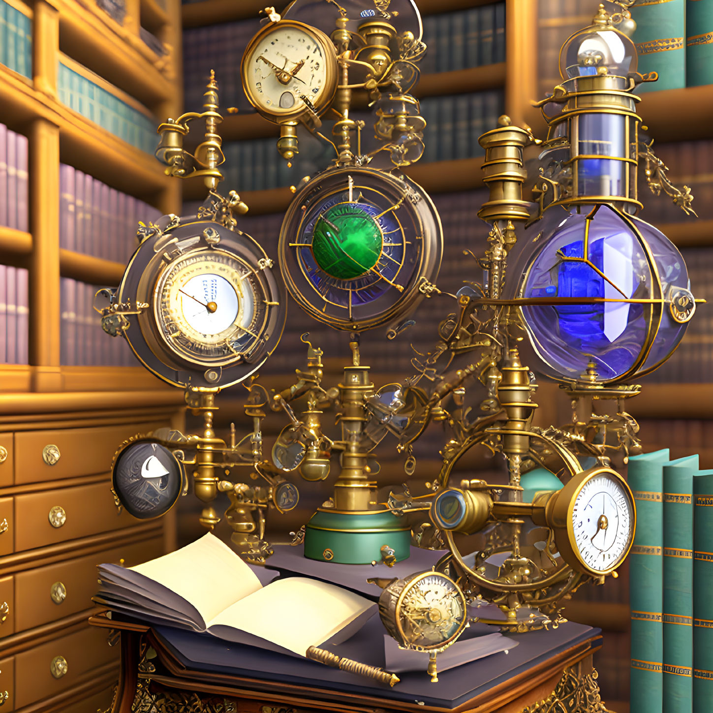 Steampunk apparatus with clocks, gears, and globes in a library setting