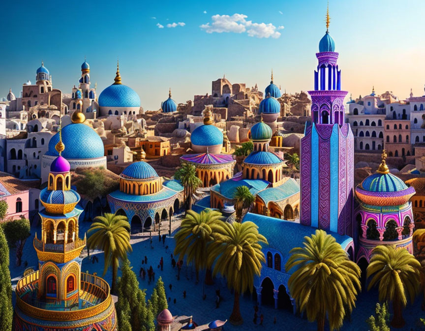 Fantastical cityscape with blue and purple domed buildings and palm trees